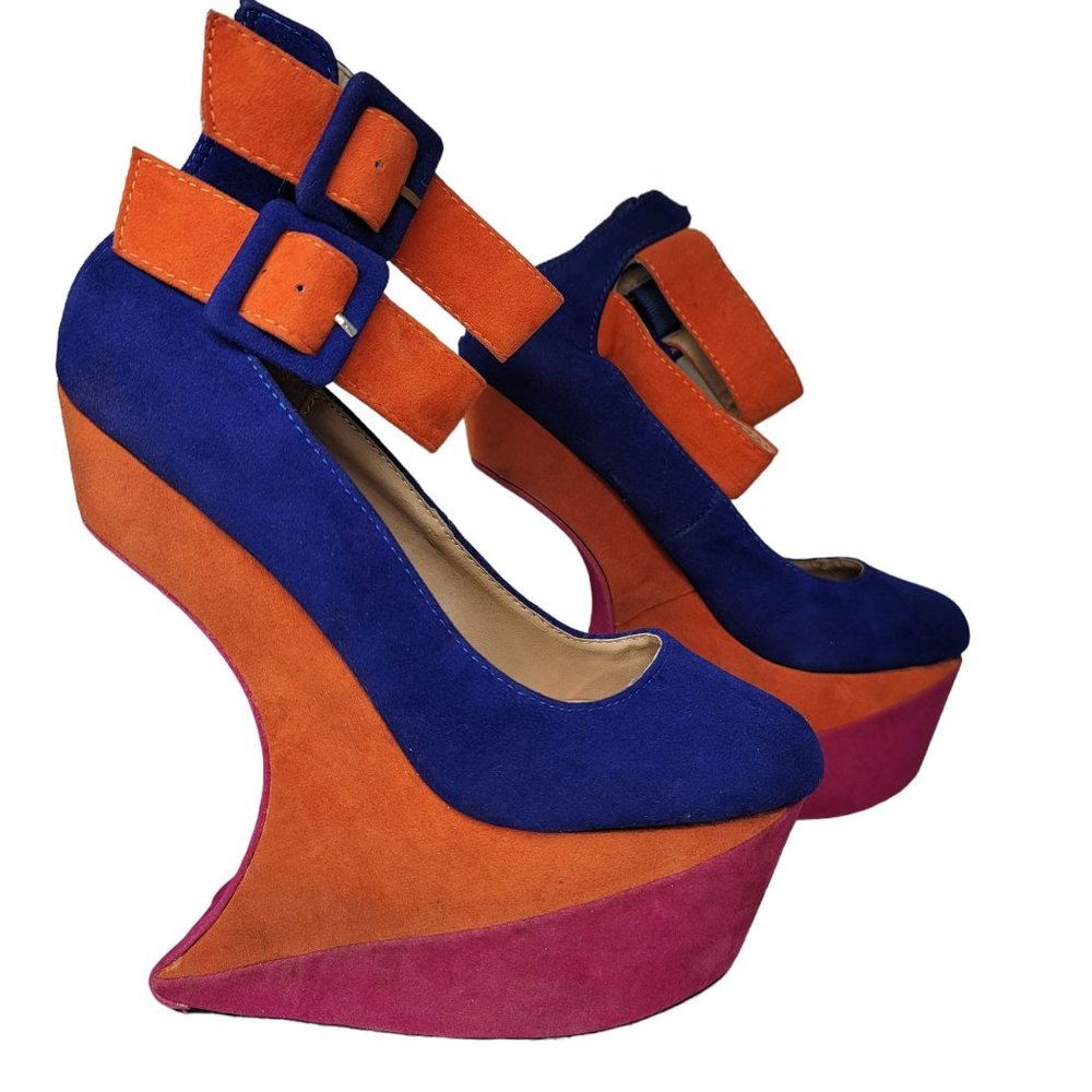 bumper nwot color block ankle strap crazy heels artistic abstract party size 5.5